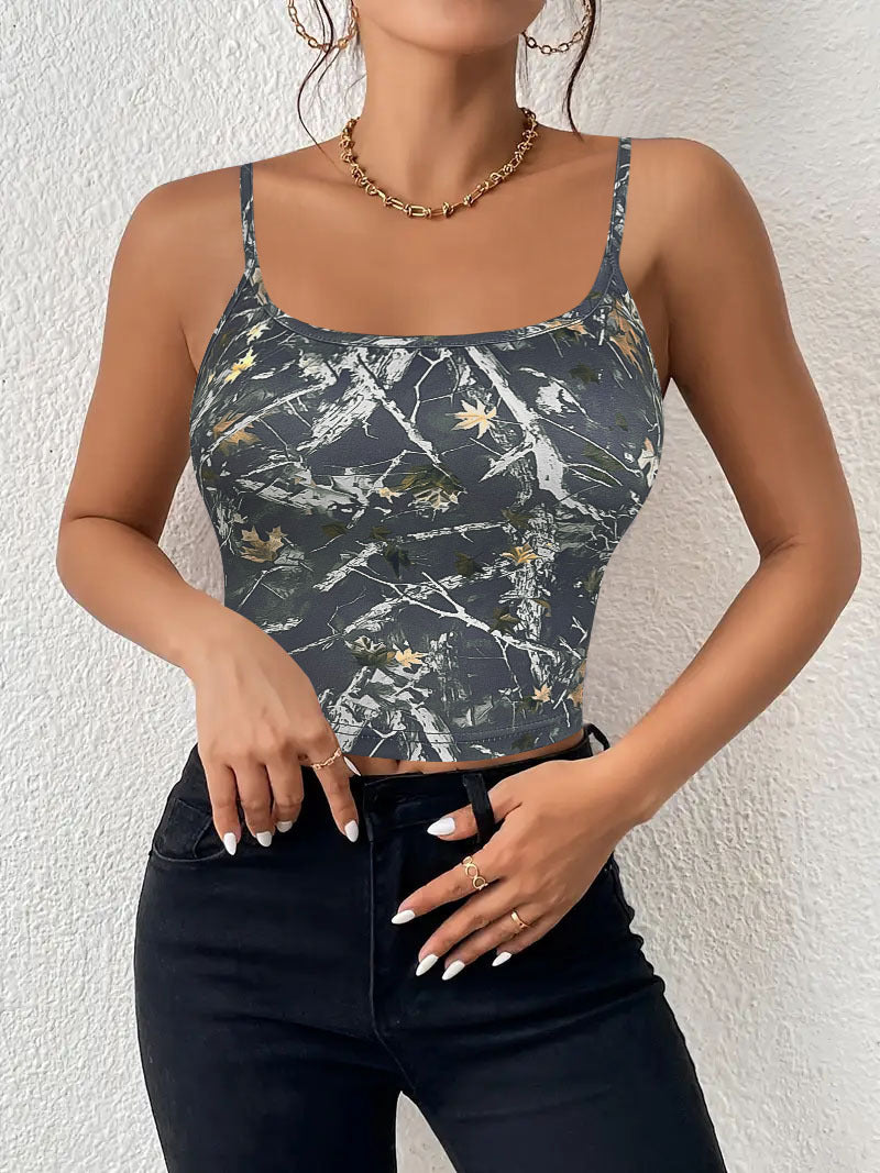 Damen Crop Top mit modischem Camouflage-Muster und feinen Spaghetti-Trägern EB