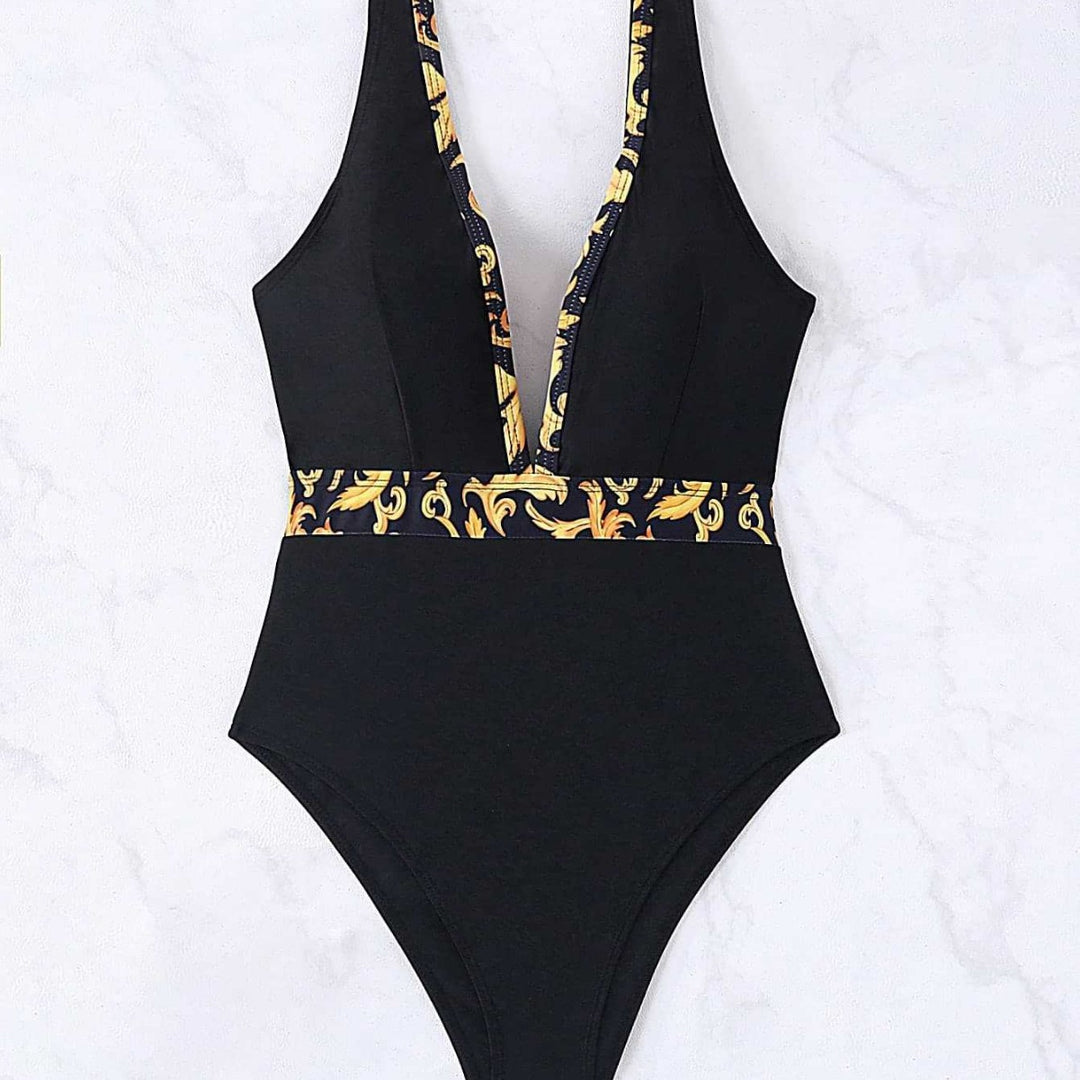 Damen Einteiliger Badeanzug mit tiefem V-Ausschnitt und eleganter Gürtel-Detail EB