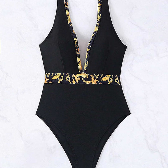 Damen Einteiliger Badeanzug mit tiefem V-Ausschnitt und eleganter Gürtel-Detail EB