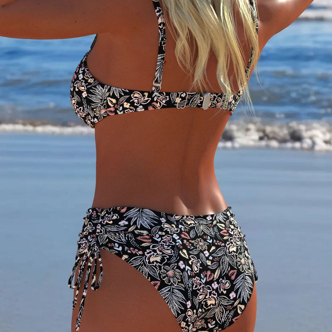 Damen Bandeau-Bikini-Set mit hochgeschnittenem Höschen und tropischem Blütenmuster EB