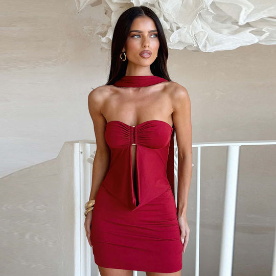 Damen figurbetontes schulterfreies Minikleid mit raffiniertem Knotendetail EB