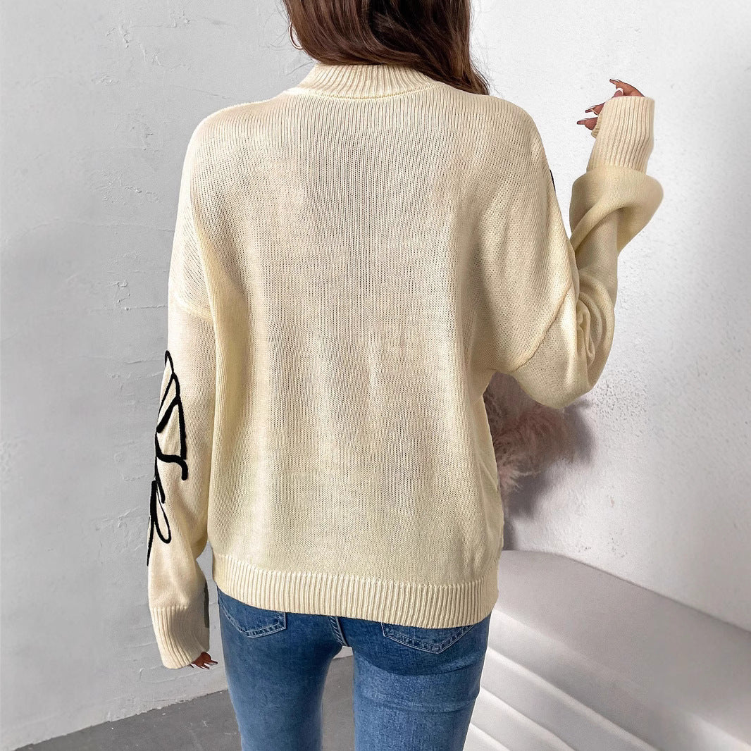 Damen modischer Strickpullover mit floralen Akzenten und hochgeschlossenem Kragen EB