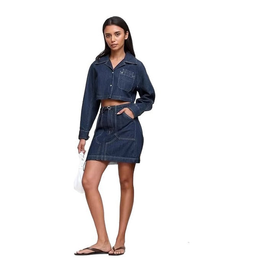Damen nan Cropped-Denim-Zweiteiler mit kurzer Jeansjacke und tailliertem Minirock EB