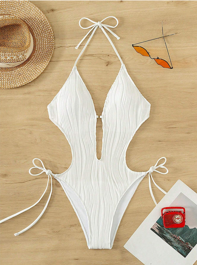 Damen Einteiler Badeanzug mit tiefem Ausschnitt und Rippendesign EB
