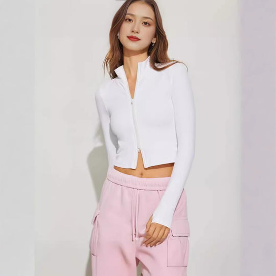 Damen Cropped Zip-Langarmshirt mit hohem Kragen EB