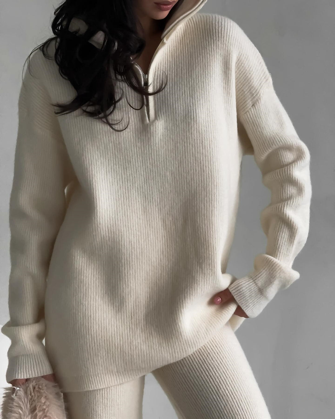 Damen nan geripptes Strick-Lounge-Set mit Halbzip-Pullover und hochgeschnittener Leggings EB