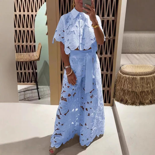 Damen Set im modernen Blumendesign mit cropped Bluse und Maxi-Rock Heidi-Mode