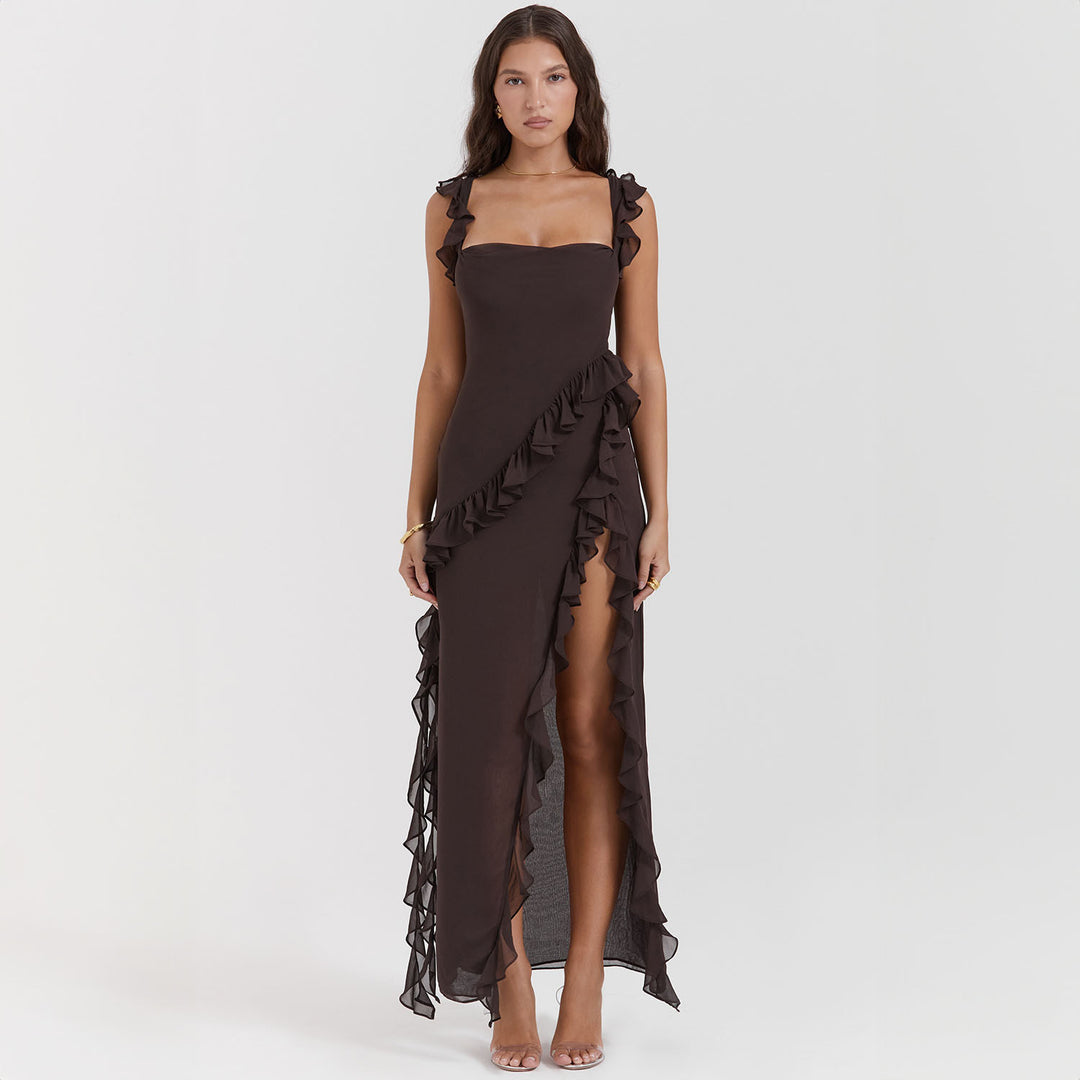 Damen asymmetrisches Maxi-Kleid mit Rüschendetails und hohem Schlitz EB