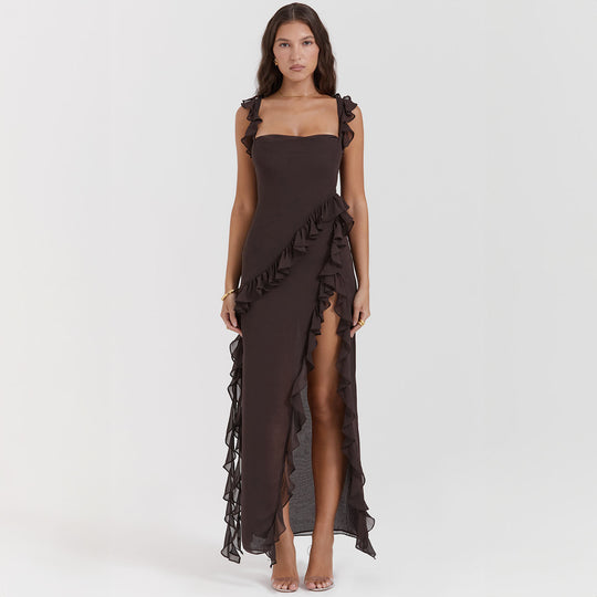 Damen asymmetrisches Maxi-Kleid mit Rüschendetails und hohem Schlitz EB