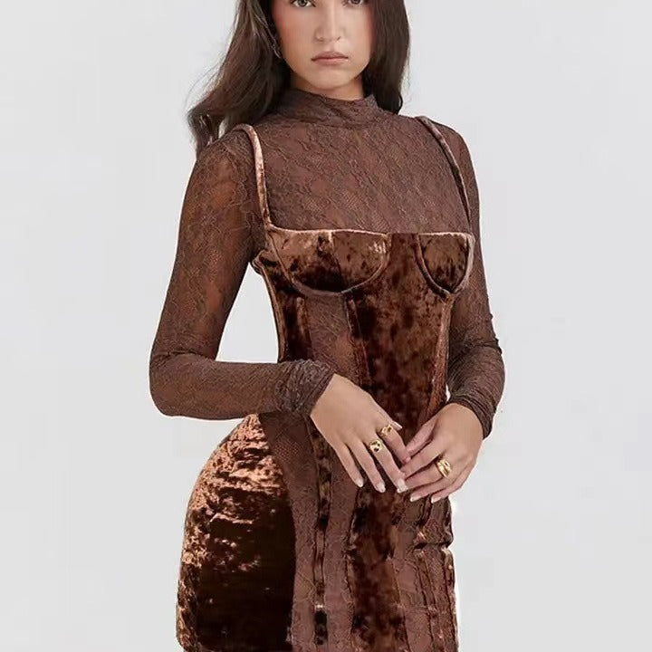 Damen elegantes Spitzen-Minikleid mit Samt-Detail und figurbetontem Schnitt EB