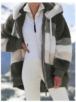 Damen Modische und warme Fleecejacke mit Kapuze und blockartigem Design EB
