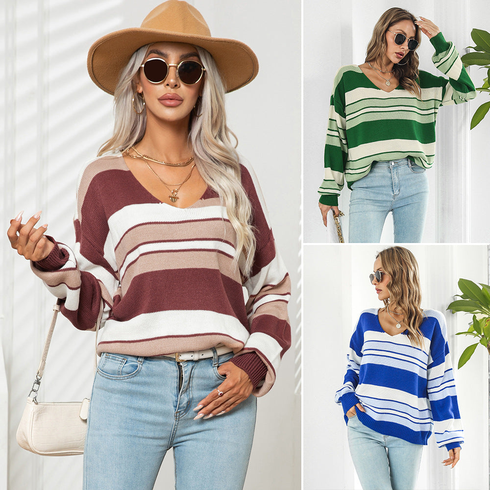 Damen Strickpullover mit modischem Streifenmuster und lässigem Schnitt EB