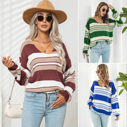 Damen Strickpullover mit modischem Streifenmuster und lässigem Schnitt EB