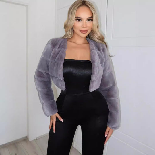 Damen Kurze Kunstpelzjacke mit breiten Ärmeln EB