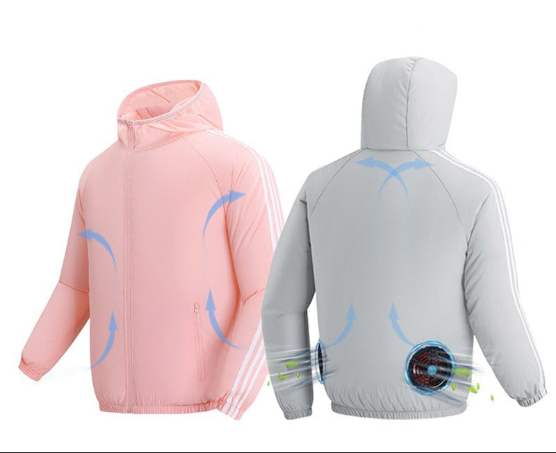 Unisex nan atmungsaktive Kühljacke mit integrierten USB-Lüftern und Kapuze R&B