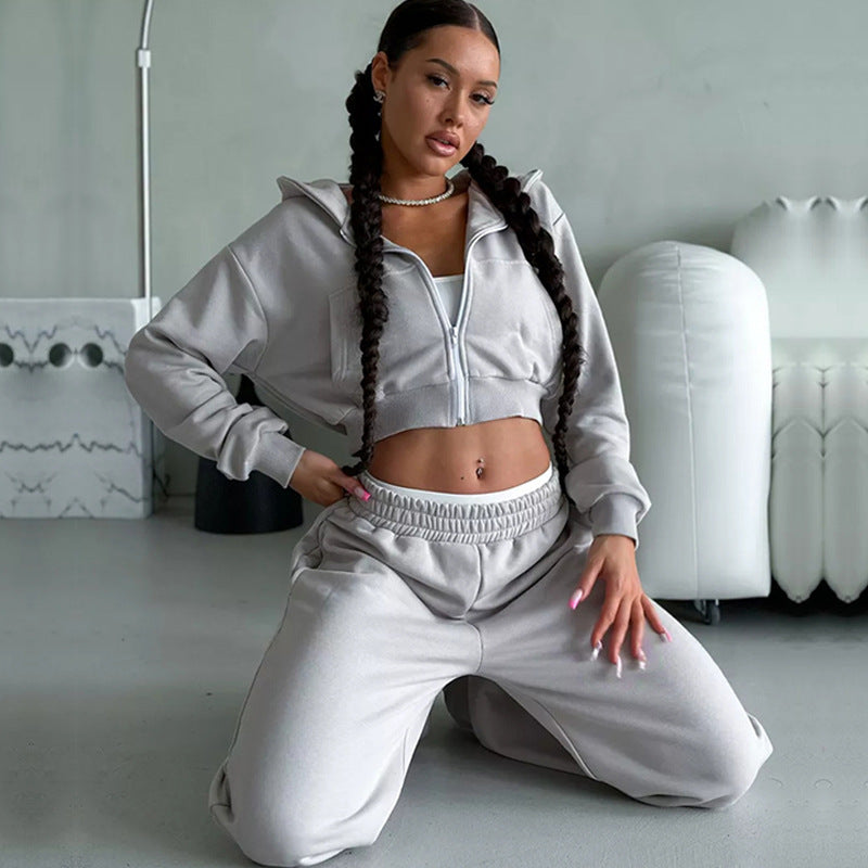 Damen kurzes Zip-Kapuzensweatshirt mit tailliertem Bündchen und weitem High‑Waist French‑Terry Jogginghose Set EB