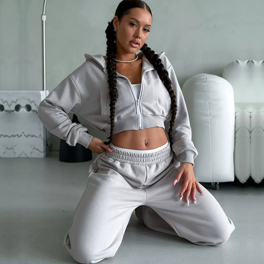 Damen kurzes Zip-Kapuzensweatshirt mit tailliertem Bündchen und weitem High‑Waist French‑Terry Jogginghose Set EB