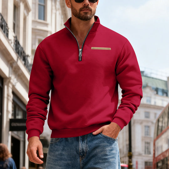 Herren nan Sweatshirt mit halbem Reißverschluss, Stehkragen und Brust-Welttasche EB