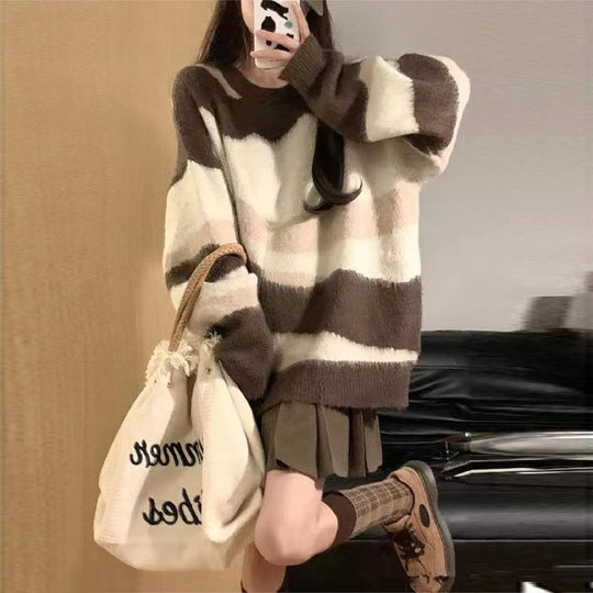 Damen Grobstrickpullover mit modischem Streifenmuster und lässigem Schnitt EB