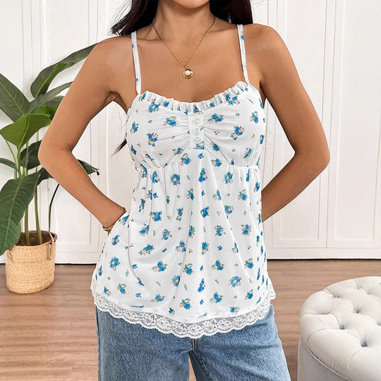 Damen Spaghetti-Träger Bluse mit floralem Muster und Spitzenbesatz EB