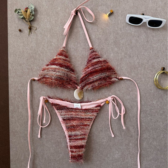 Damen Triangel-Bikini mit kunstvollem Strickdesign EB