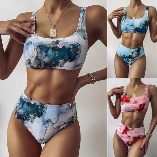 Damen Hoch geschnittenes Bikini-Set mit stylischem Marmor-Print EB