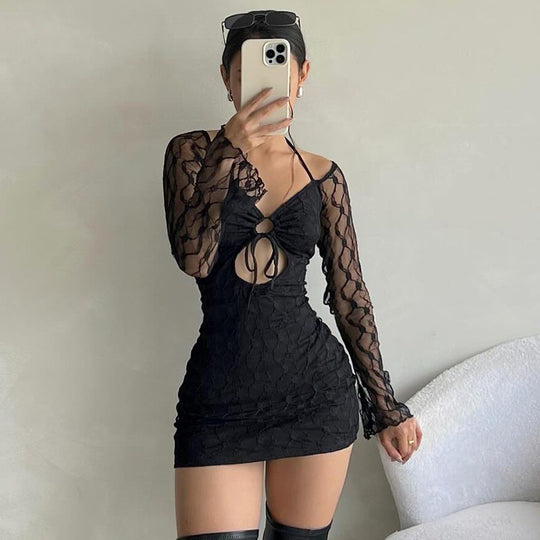 Damen locker sitzendes Minikleid mit transparenten Ärmeln und rüschendetails EB