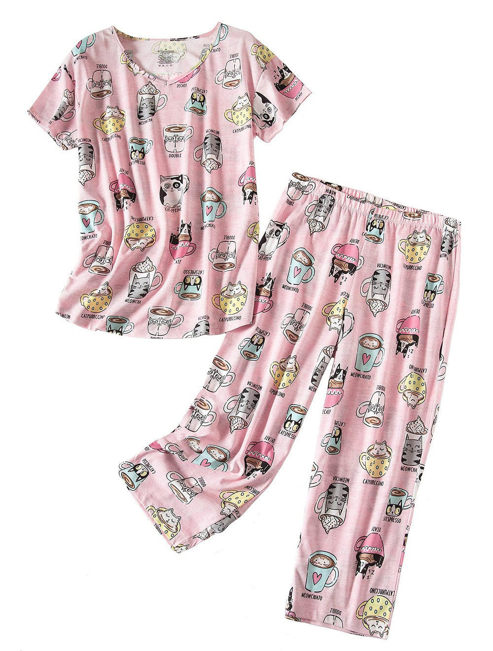 Damen Pyjama-Set mit verspieltem Katzenmotiv EB