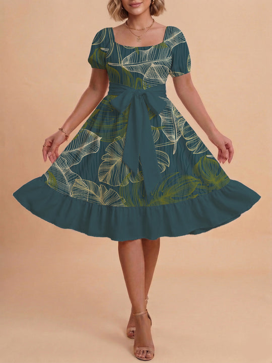 Damen A-Linien-Kleid mit floralen Motiven und taillierbarem Gürtel EB