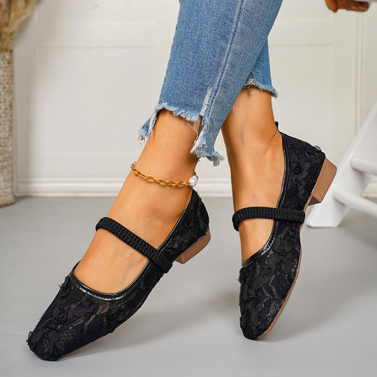 Damen Ballerinas mit zarter Spitzenapplikation und romantischen Blumenmotiven EB