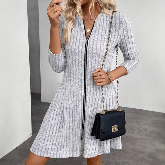 Damen Geripptes Strickkleid mit Frontreißverschluss und A-Linien-Silhouette EB