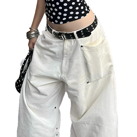 Damen nan weite Highwaist-Canvas-Hose im Carpenter‑Stil mit hohem Bund und aufgesetzten Taschen EB