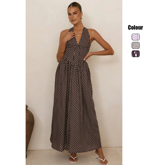 Damen Maxikleid mit tiefem V-Ausschnitt und verspieltem Polka-Dot-Muster EB