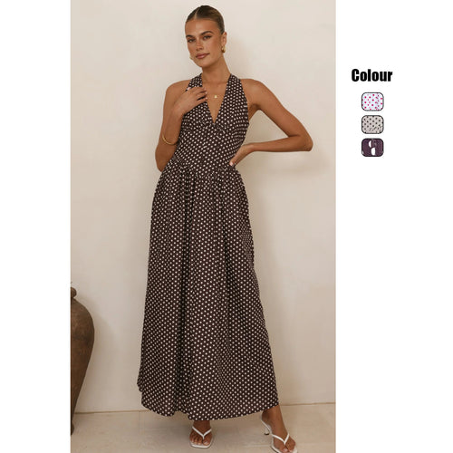 Damen Maxikleid mit tiefem V-Ausschnitt und verspieltem Polka-Dot-Muster EB