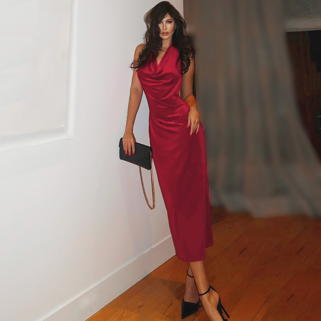 Damen Elegantes Satin-Langarmkleid mit figurbetontem Schnitt und schwingendem Rock EB