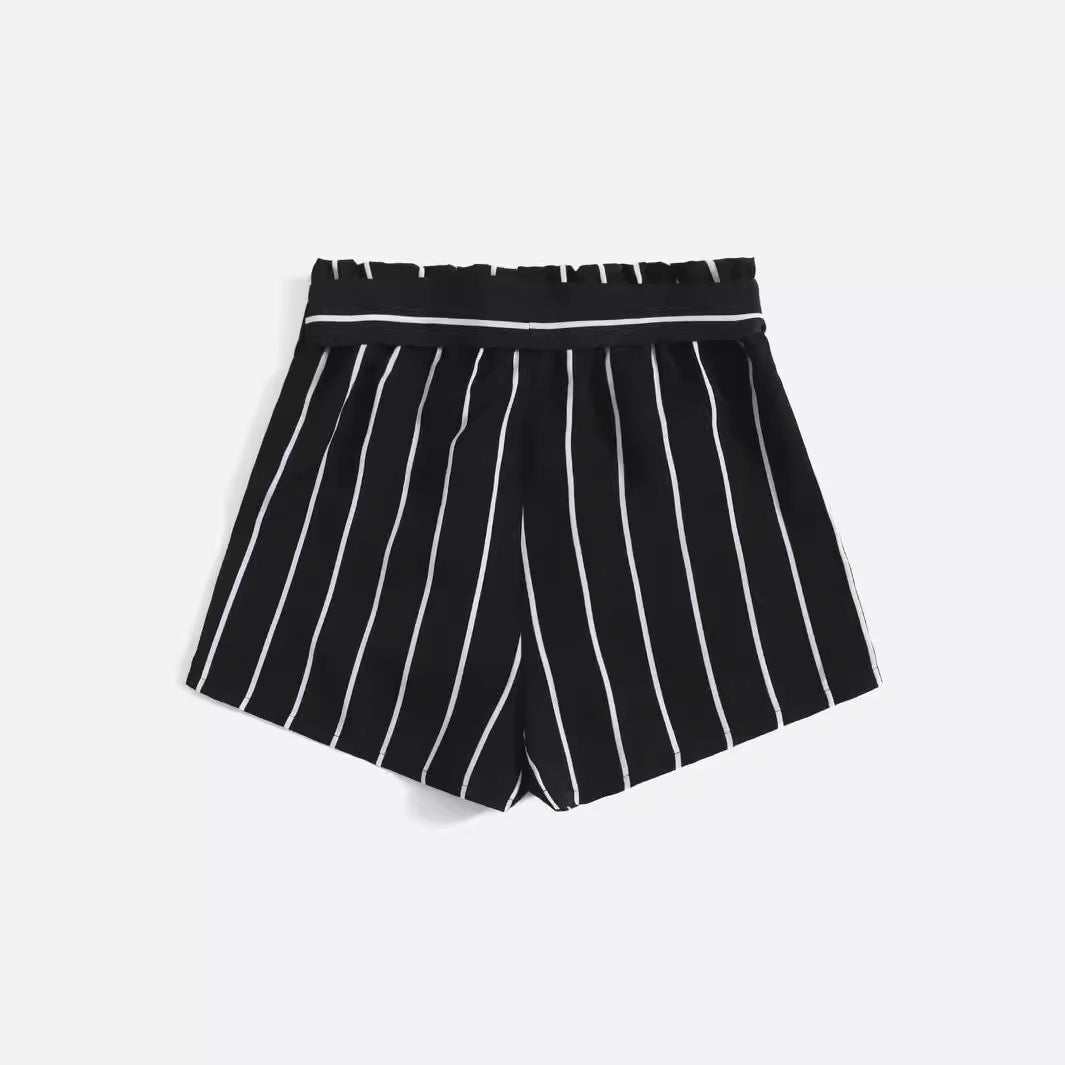 Damen gestreifte Freizeit-Shorts mit elastischem Bund und Bindegürtel EB