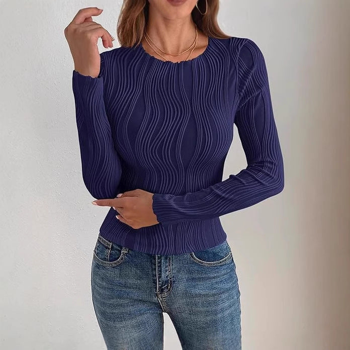 Damen nan figurbetontes Rippstrick-Longsleeve mit Wellendetail und Rundhalsausschnitt EB