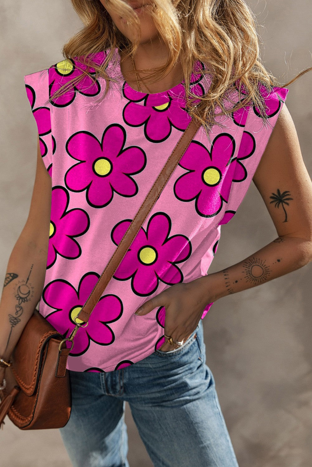 Damen lässiges T-Shirt mit lebhaftem Blumenmuster und voluminösen Ärmeln EB