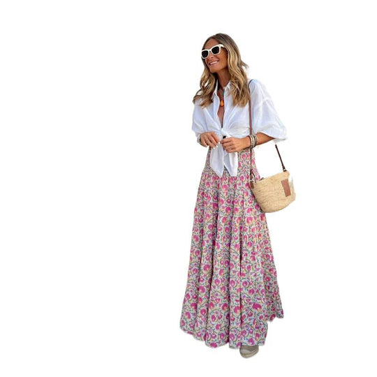 Damen Maxi-Rock mit kunstvollem floralen Muster und elastischem Taillenband EB