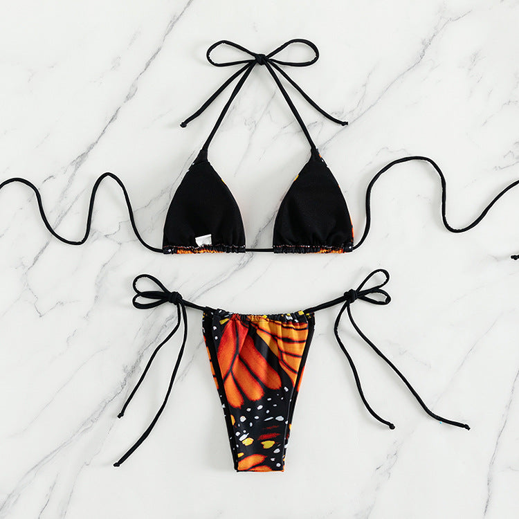 Damen Triangel-Bikini mit buntem Schmetterlingsmuster und verstellbaren Bindebändern EB
