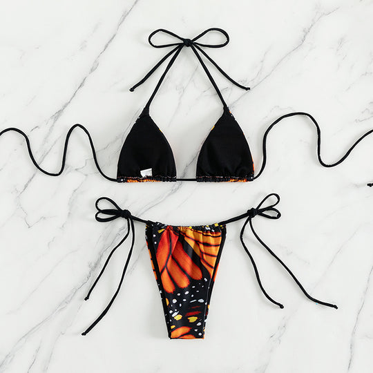 Damen Triangel-Bikini mit buntem Schmetterlingsmuster und verstellbaren Bindebändern EB