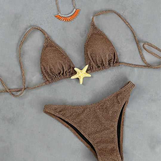 Damen Triangel-Bikini mit funkelndem Glitzereffekt und charmantem Stern-Detail EB