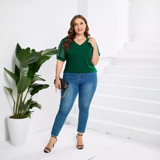 Damen elegantes Blusenshirt mit transparenten Puffärmeln und V-Ausschnitt EB