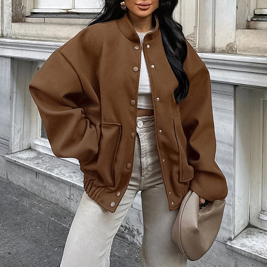 Damen Oversized Fleece-Jacke mit Druckknopfverschluss und seitlichen Taschen EB