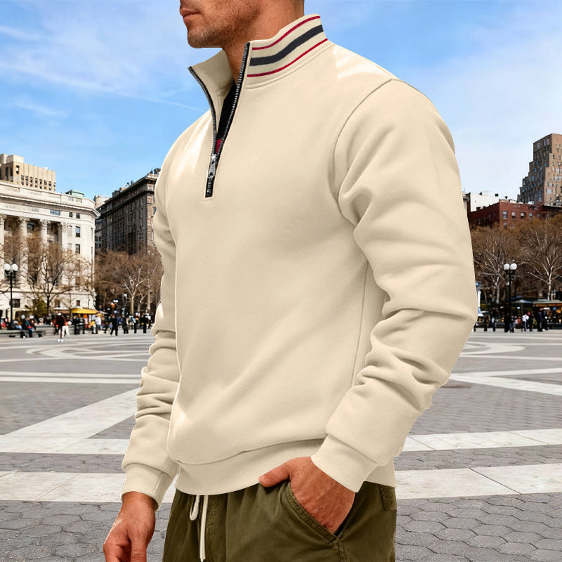 Herren nan Stehkragen-Halbzip-Sweatshirt aus Baumwollfleece mit Kontraststreifen am Kragen und gerippten Bündchen EB