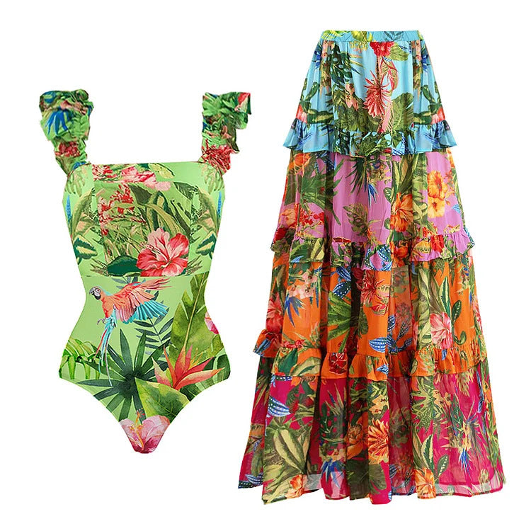 Damen Einteiler Badeanzug mit floralem Muster und Rüschendetails EB