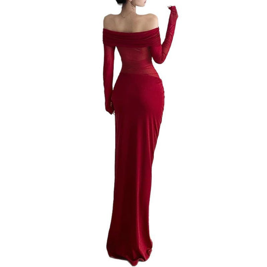 Damen Off-Shoulder Maxikleid mit figurbetonendem Design und Raffung EB