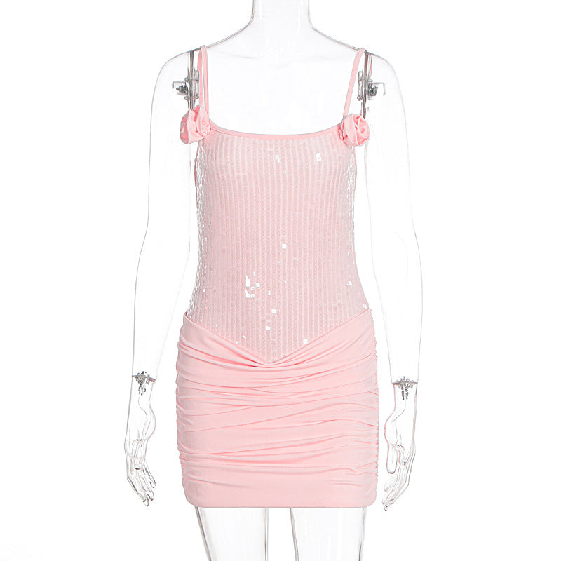 Damen Minikleid mit Paillettenverzierung und Rüschendetails EB