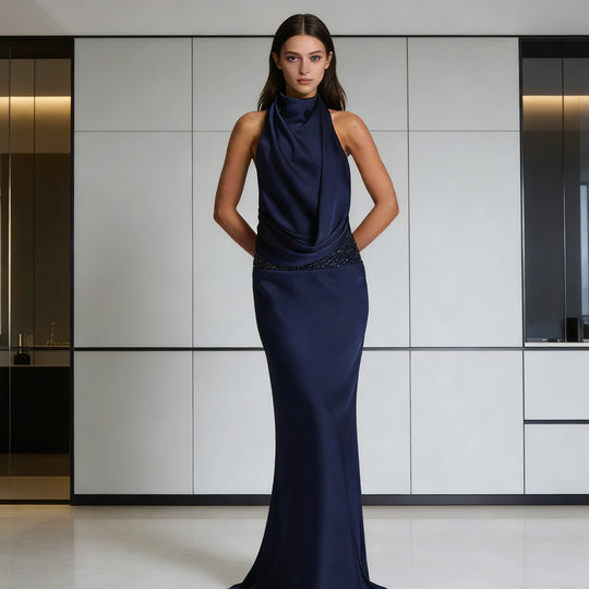 Damen Elegantes und fließendes Abendkleid mit hohem Kragen EB