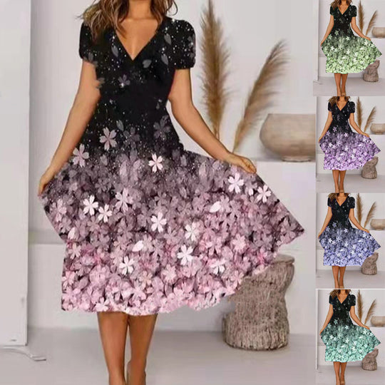 Damen A-Linie Sommerkleid mit V-Ausschnitt und floralen Akzenten EB